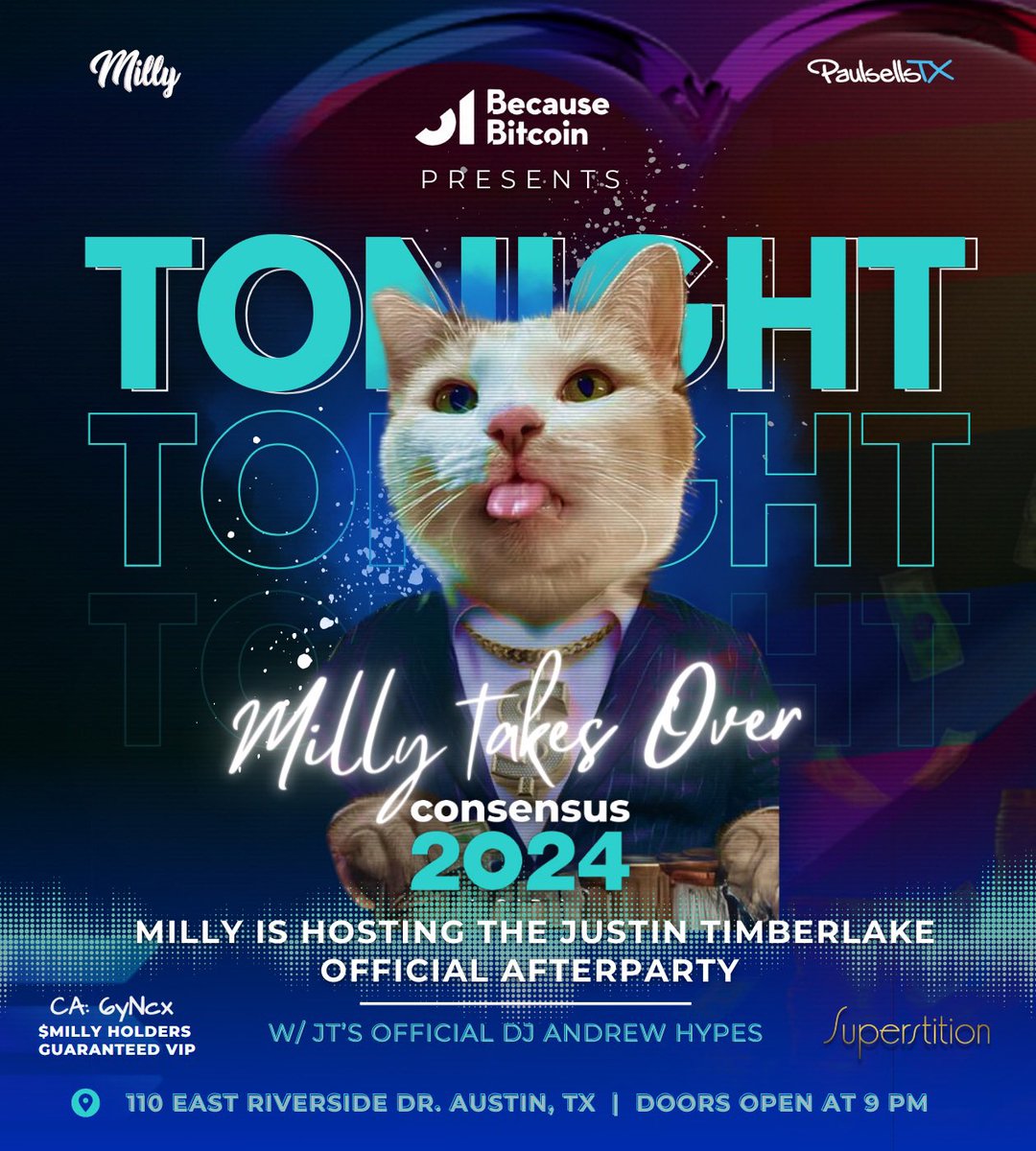Millycatsol's tweet photo. #MILLY is Hosting the Official Justin Timberlake After Party Tonight at #superstition 

🚀 Doors Open at 9pm 

🚀 $MILLY holders are guaranteed VIP Access! 

CA:6yNcxrS1Fd6Ut3c3bTuJKQLG9xzpbMZCBqTahvpeAXjk https://t.co/NLN1SxqrFi

#MILLYTOABILLY #TheTakeover https://t.co/vpVso41NAb