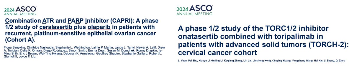 Thanks <a href="/ASCO/">ASCO</a> for the discussant role opportunity- targeted therapy combinations in early phase trials hold promise for gynaecological cancers. ATR and PARP inhibitors in ovarian; dual mTORC1/2 and PD-1 inhibition in cervical cancer  #ASCO24