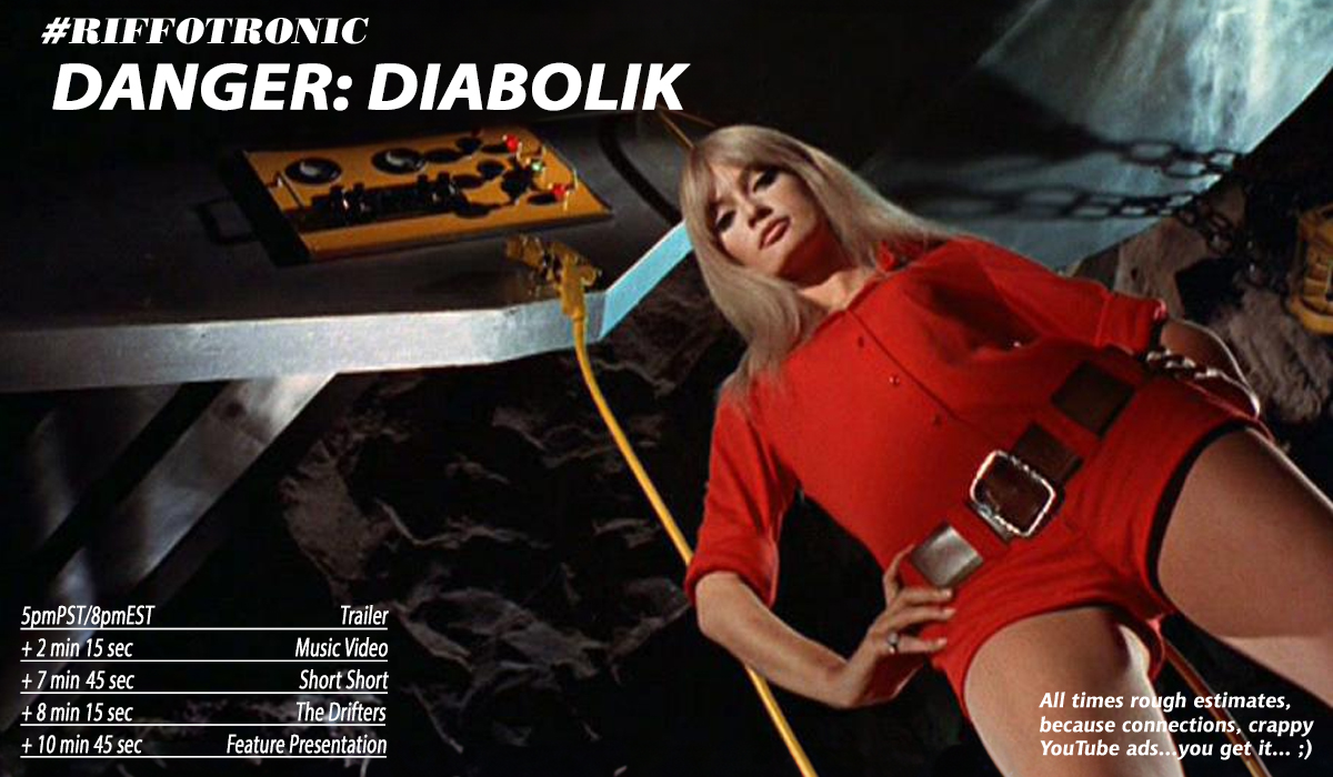 mumbdaddy's tweet photo. Tonight's handy dandy playlist and link for the #Riffotronic presentation of Danger: Diabolik! Retweet and share for those who love to riff! #livetweetalert
https://t.co/tsL99n9VoA https://t.co/o6CAoM6ABF