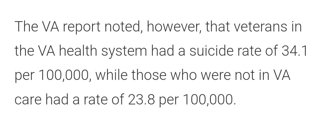 yancykm's tweet photo. @DeptVetAffairs Thanks....but no thanks.

"The VA report noted, however, that veterans in the VA health system had a suicide rate of 34.1 per 100,000, while those who were not in VA care had a rate of 23.8 per 100,000."

https://t.co/iIbIY5mfeD https://t.co/h5La1FnA6V