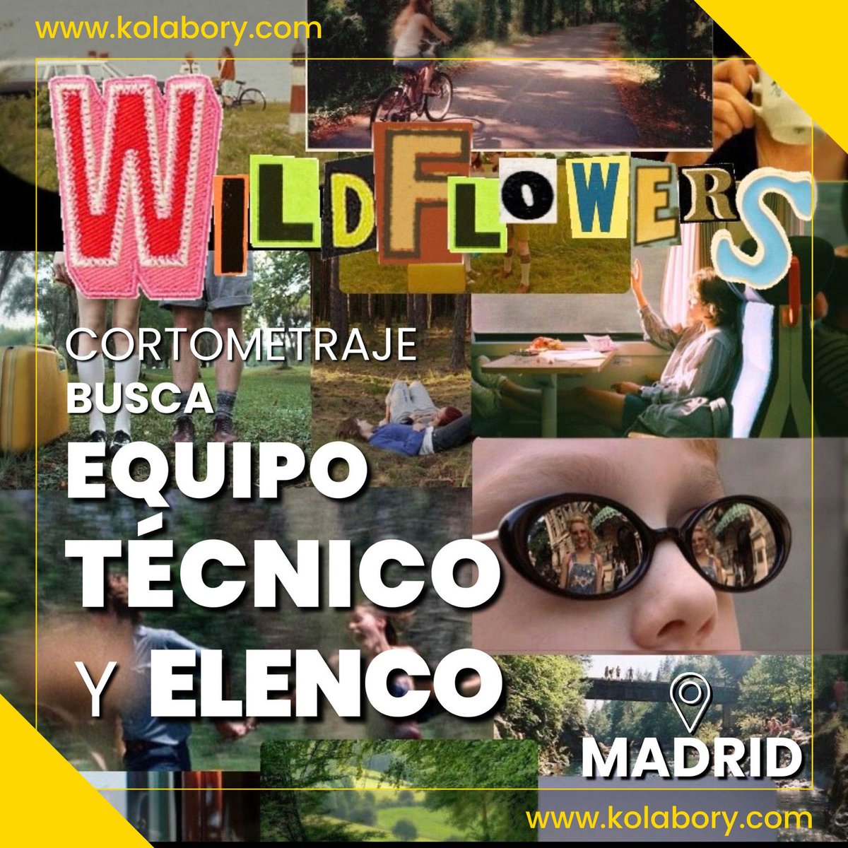 CORTOMETRAJE Madrid

- ACTORES

17-20 años

Técnicxs de ILUMINACIÓN

Técnicxs de SONIDO

- PRODUCTORXS $

- MAQUILLAJE

- PELUQUERÍA

¡Únete a este CORTOMETRAJE! ¡Hazte miembro del equipo desde Kolabory.com!

¡¡COMPÁRTELO CON TUS AMIGOS ACTORES Y DE AUDIOVISUALES!!