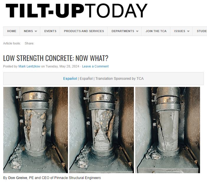 PinnacleStrEngs's tweet photo. This week, Tilt-Up Concrete Association published an article written by Pinnacle CEO, Don Greive, addressing the topic of Low Strength Concrete on projects, including discussion of potential causes, evaluation/testing methods &amp; corrective plans of action:

https://t.co/9y65oiTnM2 https://t.co/MgRIltS7EP