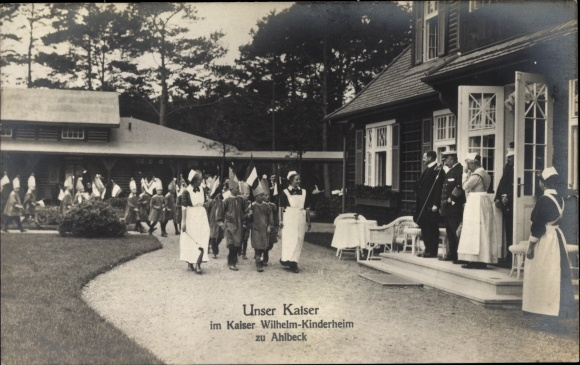 Kaiser Wilhelm II with the Children of the Kaiser Wilhelm Childrens' Home in Ahlbeck. The Home was personally financed by the Kaiser, and its purpose was to provide annual month long holidays for the children of the poorest families in Berlin for free.