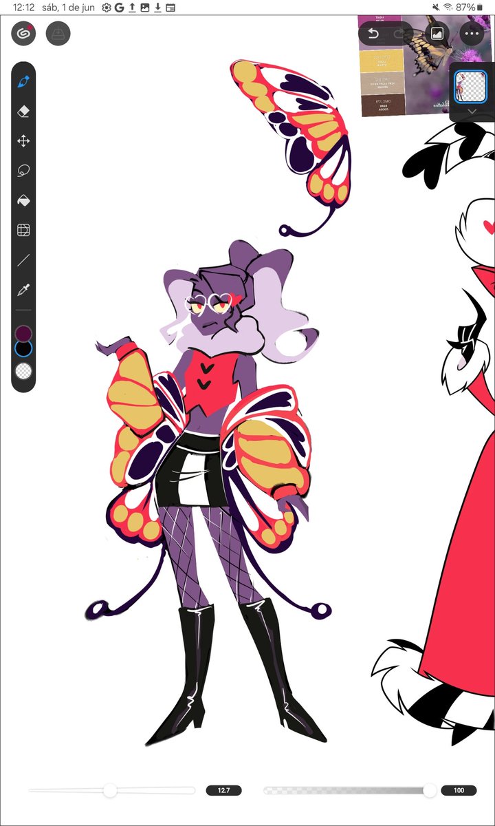 HdNeelis's tweet photo. I'm the #1 fan of the non-canon ship of these non-canon ocs

(yes i forgot Violet's antenna on both drawings)

+plus some colored references for Violet and their parent

#hazbinhoteloc #Neelisfanchild 
#valentinofanchild #huskerdustfanchild #Chaggiefanchild #pridemonth https://t.co/07WbjC1hF5