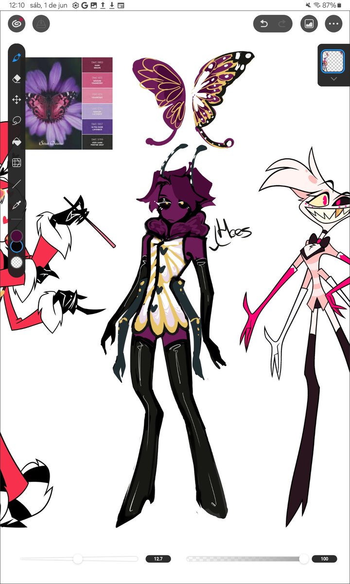 HdNeelis's tweet photo. I'm the #1 fan of the non-canon ship of these non-canon ocs

(yes i forgot Violet's antenna on both drawings)

+plus some colored references for Violet and their parent

#hazbinhoteloc #Neelisfanchild 
#valentinofanchild #huskerdustfanchild #Chaggiefanchild #pridemonth https://t.co/07WbjC1hF5