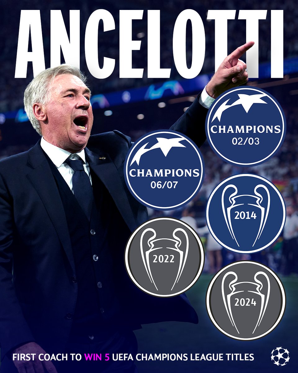 Carlo Ancelotti: the first coach to win five Champions League titles 🖐️

#UCLfinal