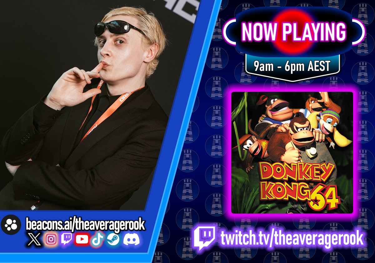 TheAverageRook's tweet image. Live now with "Donkey Kong 64"! Will we survive the DK Rap?!
(Also I have a new Go Live image template for here as well as Threads. I made it last night and I'm kinda proud of it!)
#DK64 #Twitch
twitch.tv/theaveragerook