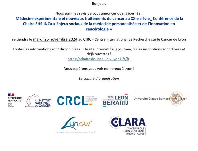 LYriCAN+ (@lyrican_siric) on Twitter photo 📢 Conf de clôture Chaire SHS <a href="/Institut_cancer/">Institut national du cancer</a> @BesleSylvain
📅 26 Nov 2024 Lyon
« Enjeux sociaux de la médecine personnalisée et l’innovation en cancérologie »
Gratuit💻 lnkd.in/dkkuXeKi
🔊A diffuser !!
@canceroCLARA <a href="/CLCCLeonBerard/">Centre Leon Berard</a> <a href="/UnivLyon1/">Université Lyon 1</a> <a href="/LYriCAN_SIRIC/">LYriCAN+</a> <a href="/crcl/">CRCL</a> 📢 Conf de clôture Chaire SHS <a href="/Institut_cancer/">Institut national du cancer</a> @BesleSylvain
📅 26 Nov 2024 Lyon
« Enjeux sociaux de la médecine personnalisée et l’innovation en cancérologie »
Gratuit💻 lnkd.in/dkkuXeKi
🔊A diffuser !!
@canceroCLARA <a href="/CLCCLeonBerard/">Centre Leon Berard</a> <a href="/UnivLyon1/">Université Lyon 1</a> <a href="/LYriCAN_SIRIC/">LYriCAN+</a> <a href="/crcl/">CRCL</a>