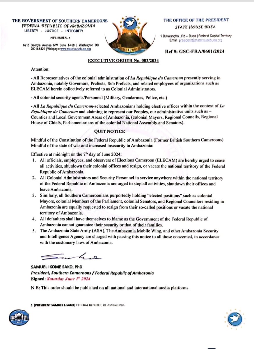 AmbazoniaEthic1's tweet photo. Capitalizing on their successes in d month of May, the Govt of #Ambazonia hs issued an #ExecutiveOder to d illegal occupiers( #LRC) of their territory, t vacate effectv June 7th, 2024. #EnddSenslessWar @FRauCameroun @USEmbYaounde @POTUS @AsstSecStateAF @SenateForeign @France_24 https://t.co/kP8L2f424H