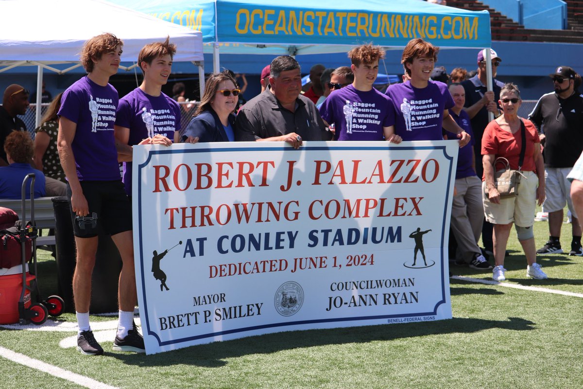 RIIL_sports's tweet photo. At start of today's RIIL Outdoor T&amp;F Championships, the throws area at Conley Stadium is officially named the Robert J. Palazzo Throwing Complex in honor of longtime Classical track coach and athletic director Bobby Palazzo. https://t.co/uCoeTIssoA