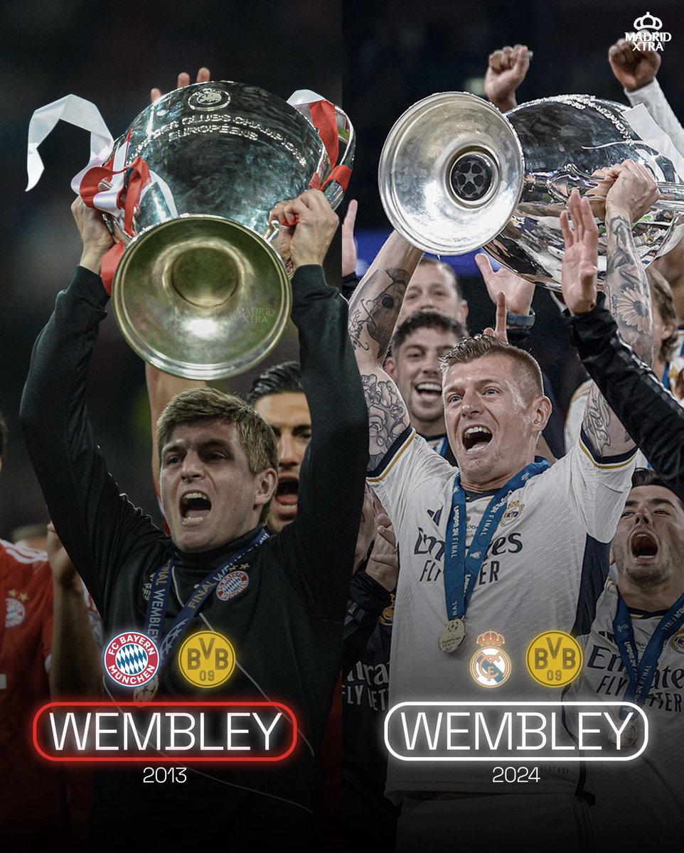 MadridXtra's tweet photo. 2013: Toni Kroos wins his first Champions League against Dortmund in Wembley. 

2024: Toni Kroos wins his last Champions League against Dortmund in Wembley. https://t.co/q3JDTtP5hG