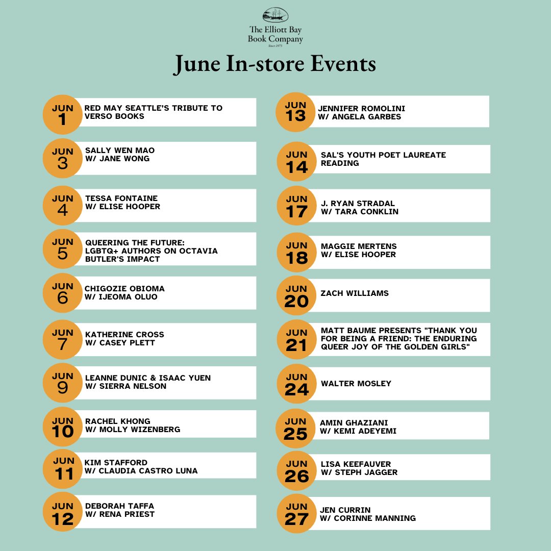 ElliottBayBooks's tweet photo. Check out all the events coming to the store this June!
Whether you're wanting to meet your favorite author or are wanting to find something different to do, our events are a great way to do both.
#EBBCOevents #authorreading #seattleactivities #indiebookstore https://t.co/TexFuReFlp