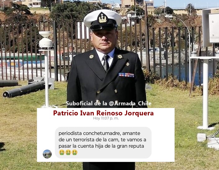 PiensaPrensa's tweet photo. #TeContamos que el suboficial de la @Armada_Chile Patricio Iván Reinoso Jorquera, quien amenazó a la periodista Josefa Barraza @masterjosefa, se encuentra en retiro desde 2021. Hoy es un civil que se esconde bajo un montón de medallas y uniforme que deshonra el honor militar. https://t.co/sXfICrFGBC