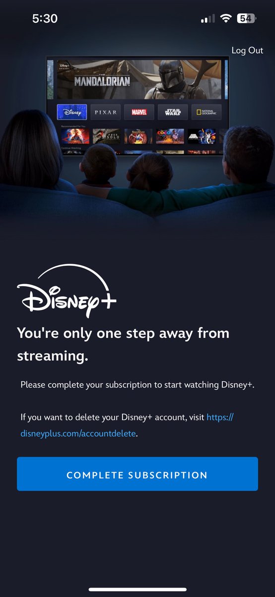 ChaseLuft's tweet photo. @DisneyPlus why is this popping up on all devices and then when clicking complete subscription, nothing happens? https://t.co/ALcmPsqHPV