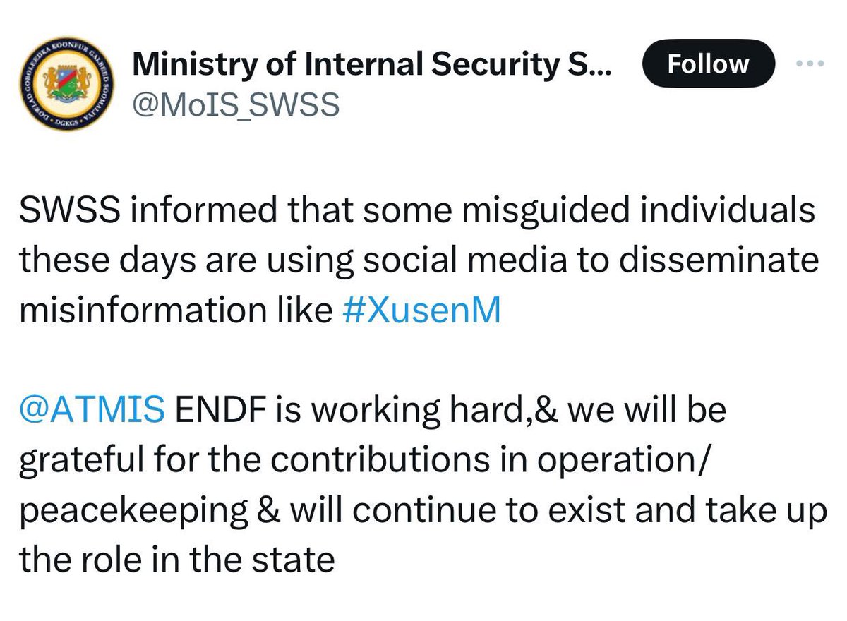 Nomadicvoice11's tweet photo. #NOMADIC # BREAKING
#SWSS informed that some misguided individuals these days are using social media to disseminate misinformation like #XusenM
@ATMIS ENDF is working hard,& we will be grateful for the contributions in operation/ peacekeeping & will continue to exist and take up the role in the state