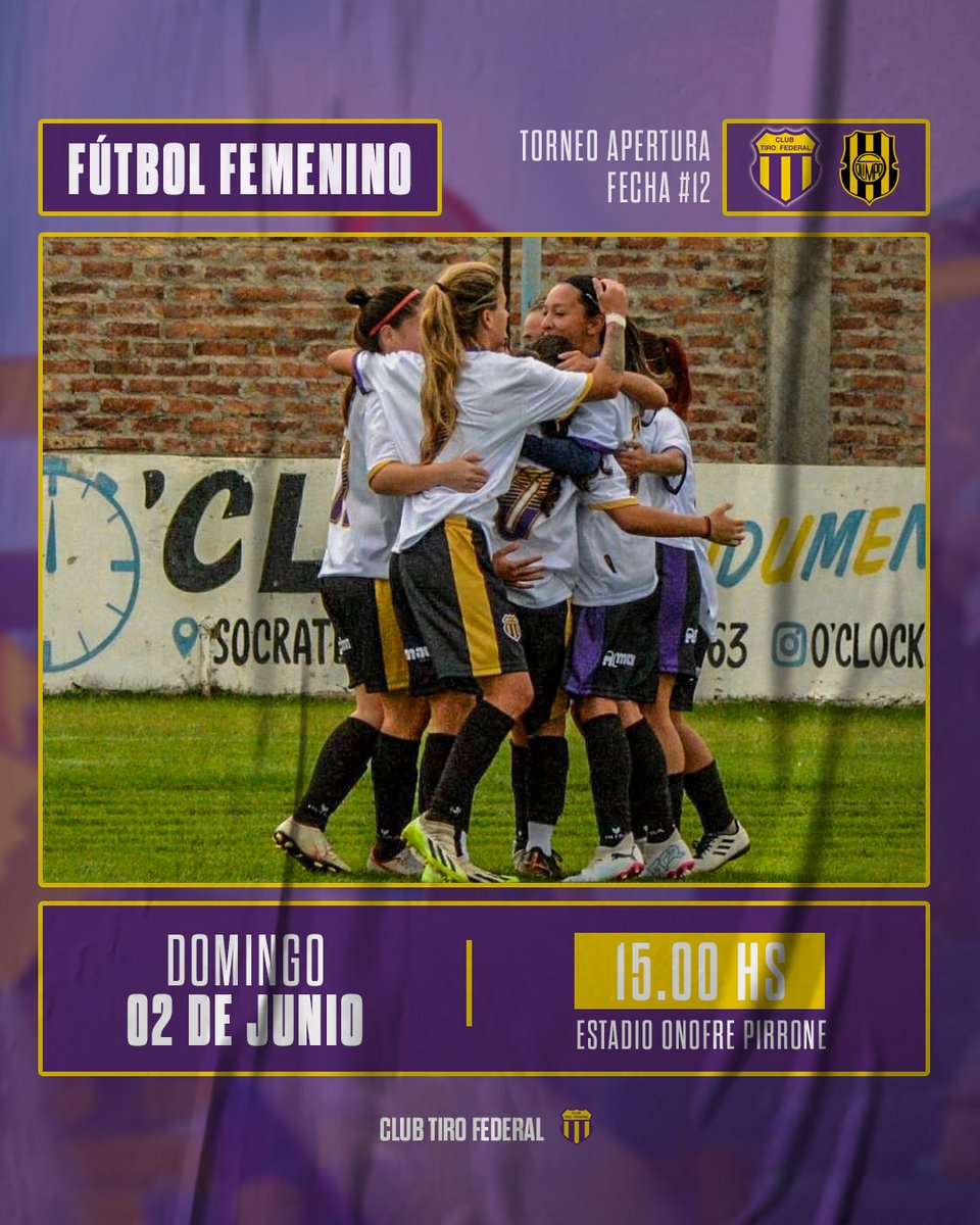 #FútbolFemenino⚽️ | 🔛 ¡Juega Tiro!
⠀⠀⠀⠀⠀⠀⠀⠀
👉 Torneo Apertura - Fecha #12.
🆚 Olimpo.
📆 Domingo 02/06.
⏱ 15.00hs.
🏟 Estadio Onofre Pirrone.
➡ Reserva: 13.00hs.
⠀⠀⠀⠀⠀⠀⠀⠀
#VamosTiro 💜💛💜
#SentidoDePertenencia