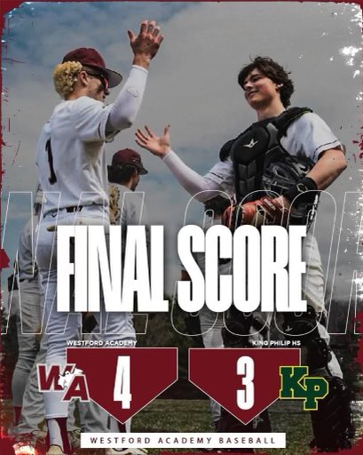WA (19-2) beats King Philip 4-3 to advance to the round of 16.
<a href="/TheWAGhosts/">WA Athletics</a> <a href="/DCLBaseball/">Dual County League Baseball</a> <a href="/BostonHeraldHS/">Danny Ventura</a> <a href="/BGlobeSports/">Boston Globe Sports</a> <a href="/GlobeLars/">Craig Larson</a> <a href="/hurley_burly/">Christopher Hurley</a> <a href="/BrianRoachJr/">Brian Roach, Jr.</a> <a href="/JamiePote/">Jamie Pote</a>