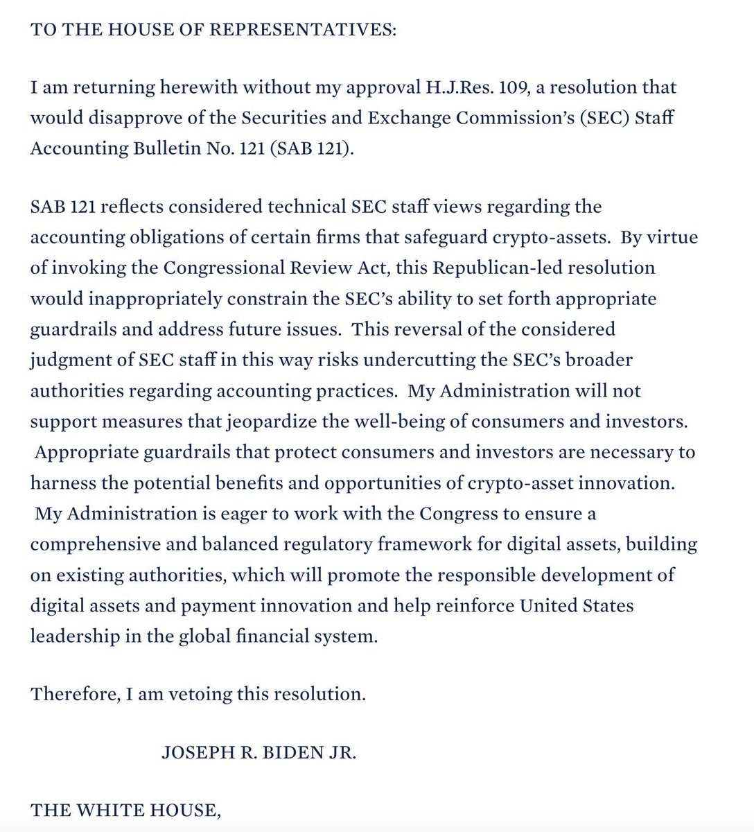 AmarzikOfficial's tweet photo. BREAKING: 🇺🇸 President Biden has vetoed a bill that would have permitted highly regulated financial firms to hold Bitcoin and other cryptocurrencies. #CryptoNews #Bitcoin #Biden #FinancialRegulations #BreakingNews‌ https://t.co/rVEtEVqb0C