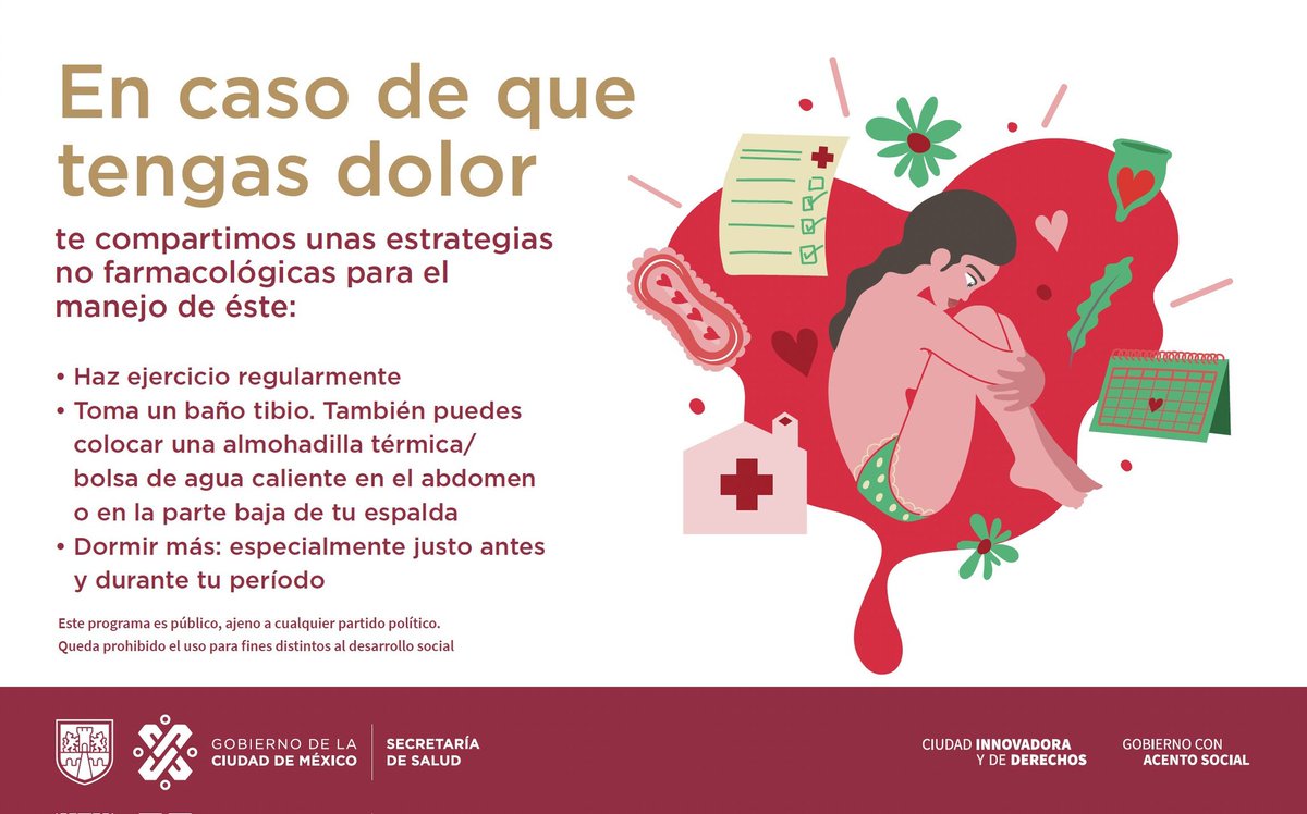 SSaludCdMx's tweet image. 🗣️Lo normal es hablar de la menstruación y #SaludMenstrual.🤲🏽👩🏽👩🏻

👁️ Échale ojo a estas recomendaciones no farmacológicas para el manejo de dolor durante el periodo.

🏥Si el dolor persiste e impide tus actividades diarias, acude a una valoración médica en tu Centro de Salud.…