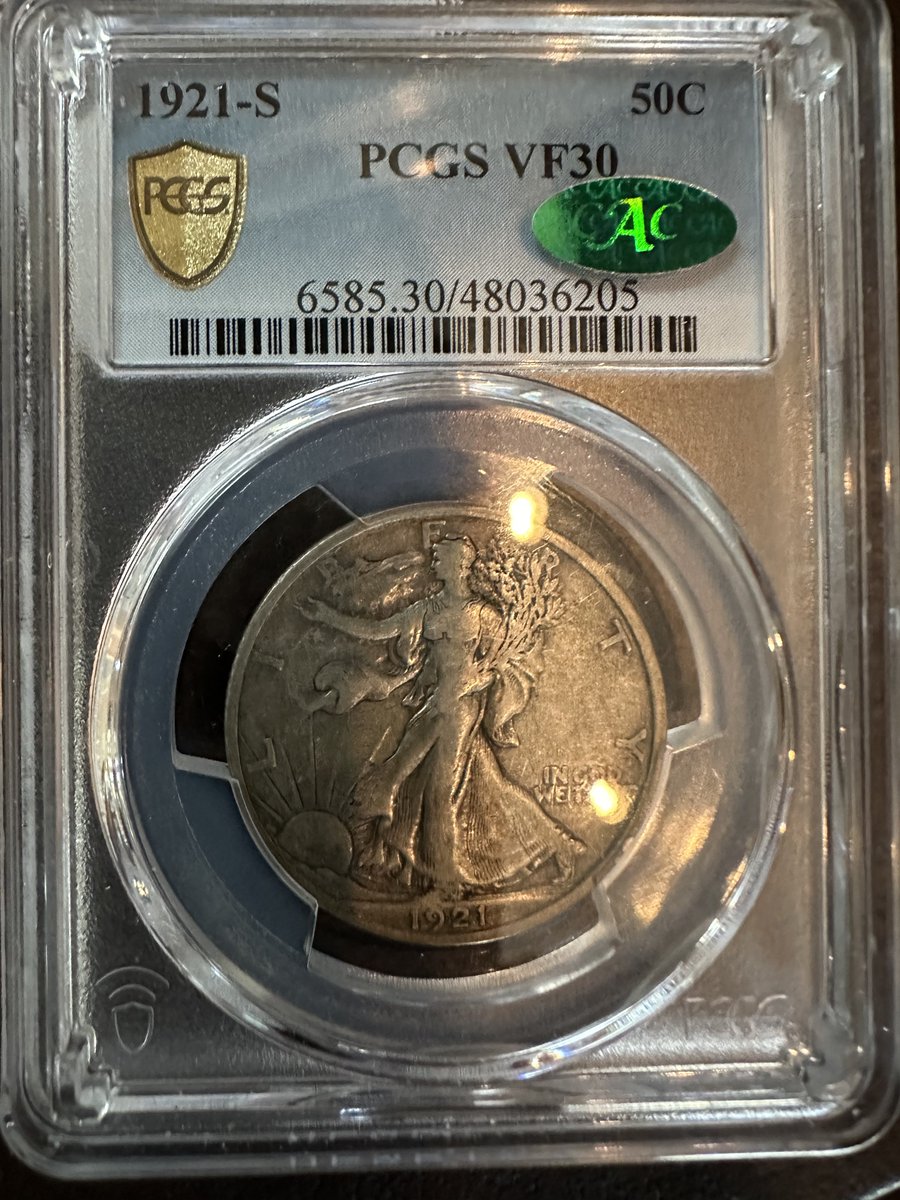 TheRifleman11's tweet photo. My latest acquisition: a 1921-S Walking Liberty Half Dollar in a PCGS slab graded VF30 with a CAC sticker. A tough date! #Numismatics #SaturdayNightCoinShow https://t.co/LsvLBPUEyW