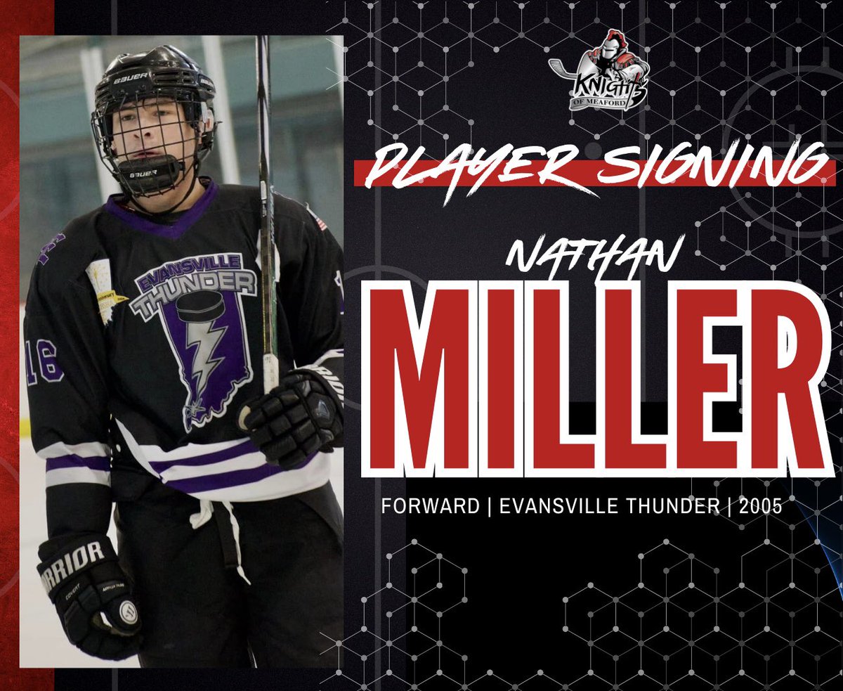 Player Signing ! 

The Knights are excited to welcome  - Forward , Nathan Miller from Evansville , Indiana ! 

Last season Miller put up 13 goals and 19 assists for 32 points in 40 Games for the Evansville Thunder ! 

Welcome to #MeafNation , Nathan Miller ! #KOM ⚔️