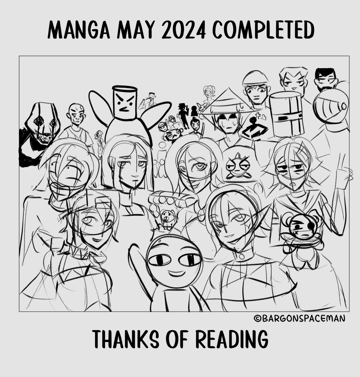 Manga May 2024 Day 31 - Celebrate. I completed Manga may here's all the characters that were created and/ or used during the challenge.  #mangamay #MangaMay2024 #manga #mangaart #comic #comicart #webcomic #mangaka #tswdrawtogether #art #Sketching #drawing #bargonspaceman