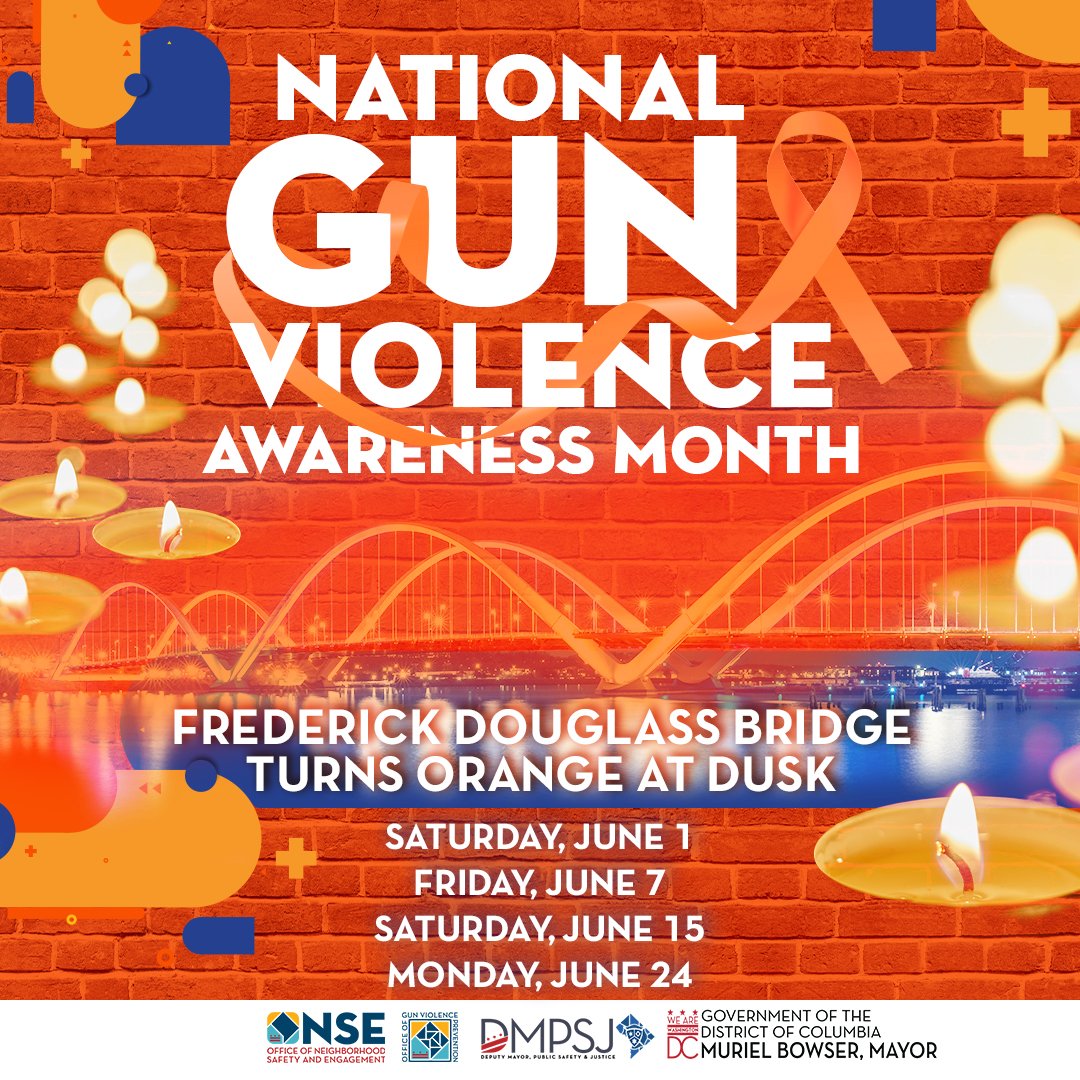 Tonight, and several nights this month, the Frederick Douglass Bridge turns orange at dusk, recognizing Gun Violence Awareness Month. Join our movement to #EndGunViolence and maintain safe neighborhoods in all eight Wards.