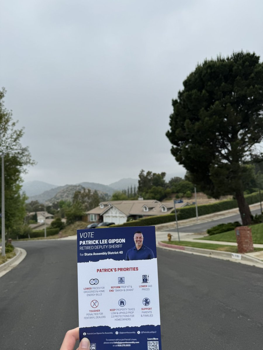MMelkonian19's tweet photo. Hitting doors in beautiful Chatsworth today to support 24-year law enforcement veteran and GOP candidate for CA State Assembly Patrick Lee Gipson. With your help, we can get Patrick over the finish line in November and flip a crucial Assembly seat in L.A. County! https://t.co/MHlQThRsUd