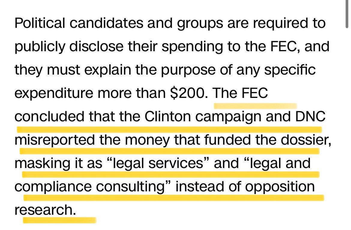 DavidSacks's tweet image. THE BUSINESS RECORDS DOUBLE STANDARD

In 2016, Hillary Clinton’s campaign was fined $8,000 for violating federal campaign finance laws. Why? Her team falsely reported the funding of the Steele Dossier as “legal services” and “legal and compliance consulting.”

Actually this…