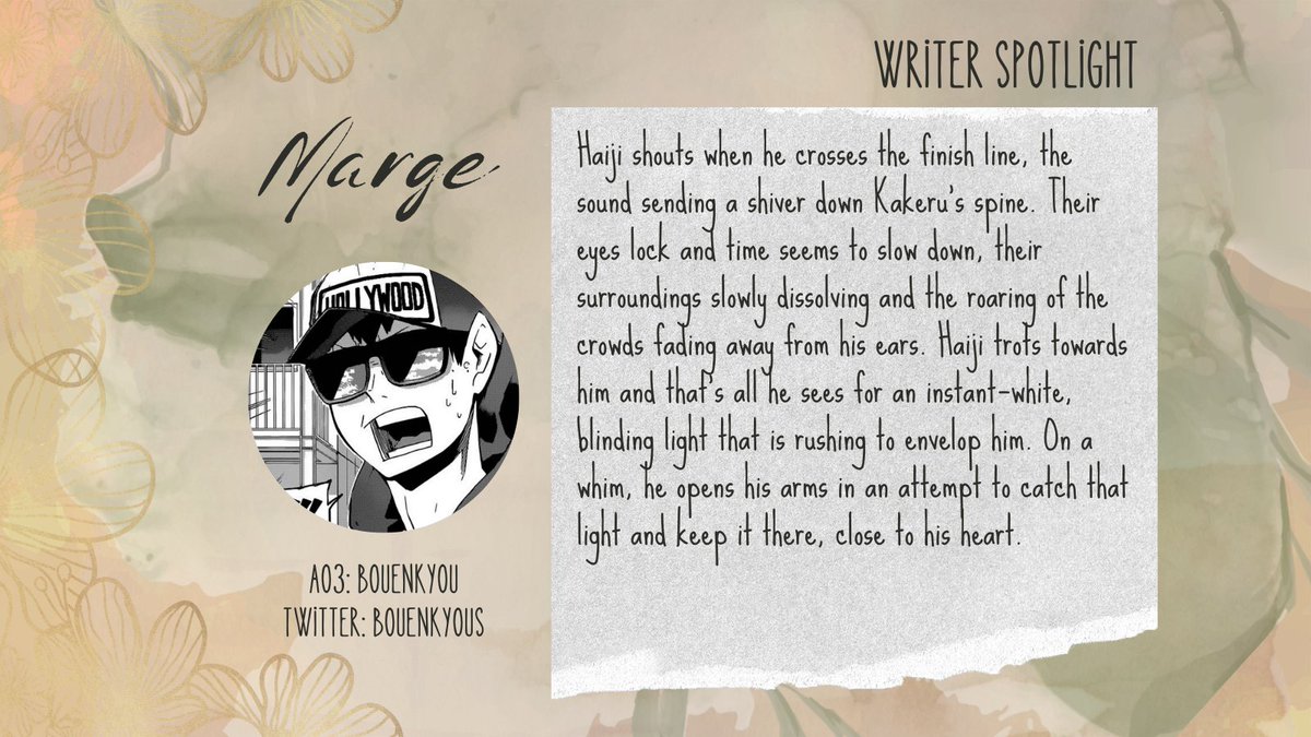 And last but not least, our wonderful head mod Marge (<a href="/bouenkyous/">Marge</a>) will be writing a spring piece for the zine!!

Excerpt from "I'll stay here and watch you" 
archiveofourown.org/works/29583438