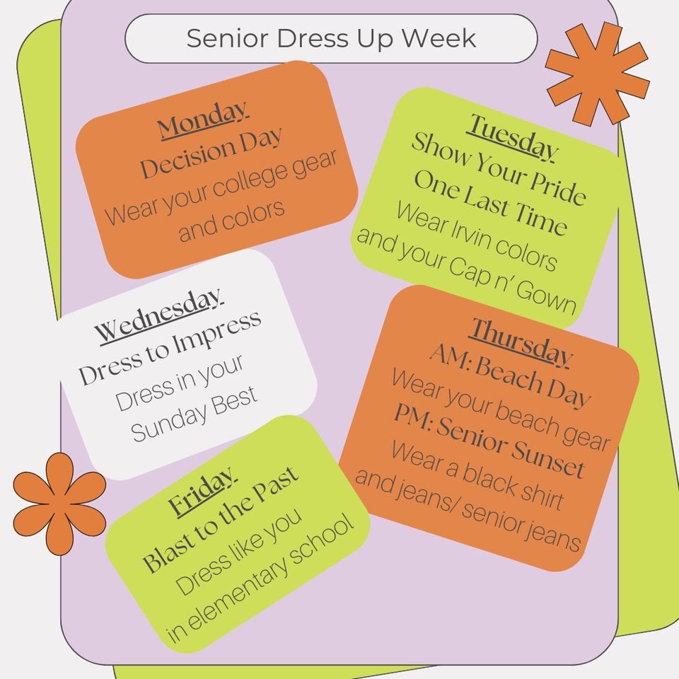 It’s Senior Week! Senior Week is June 3rd-June7th. Here are the dress up days. Let’s have fun one last time before graduation Class of 2024!