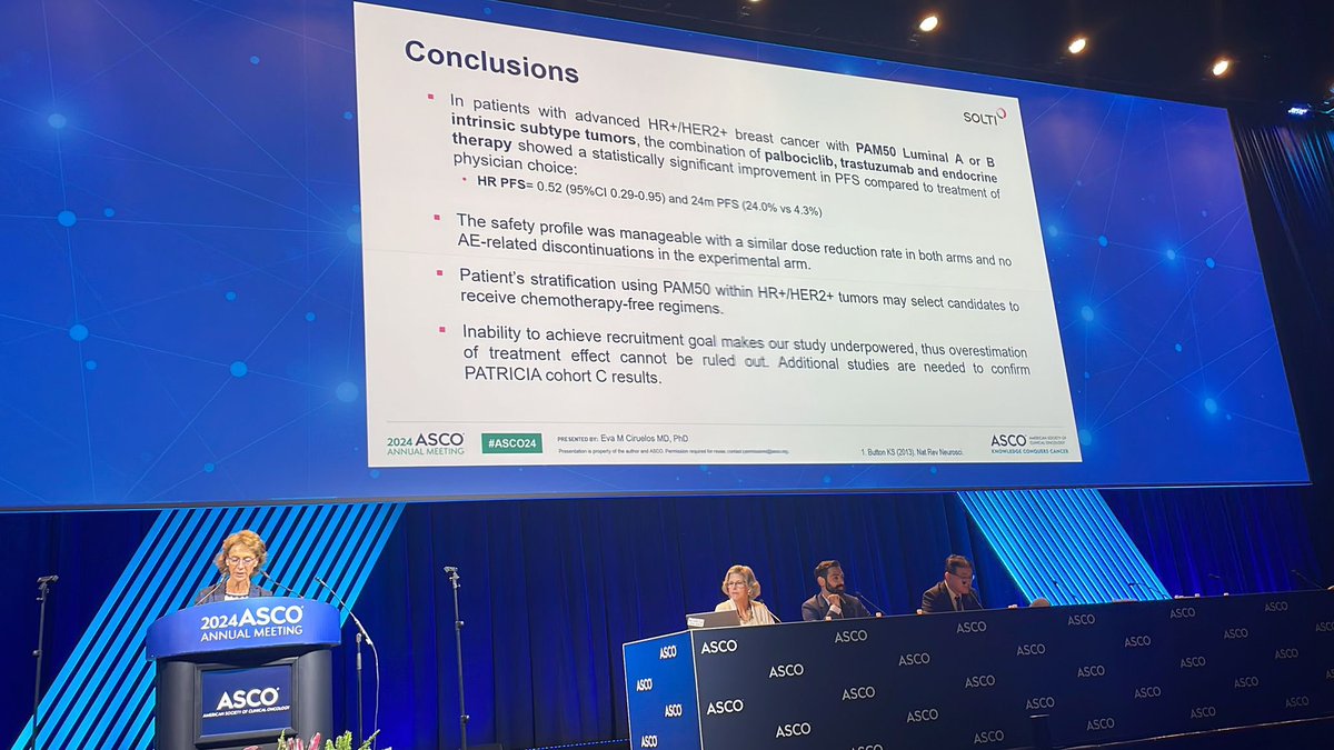 Francesco Schettini, MD PhD 🇮🇹🇪🇸🇪🇺 (@francescosche20) on Twitter photo Here comes <a href="/_SOLTI/">SOLTI #cancerresearch</a> , here comes #precisionmedicine. Great <a href="/evaciruelos/">Eva M Ciruelos</a> presenting PATRICIA cohort C results. Interesting results (that now need confirmation): Luminal A/B HR+/HER2+ MBC might be good candidates to CT-free anti-HER2 regimes 👇🏻
#ASCO24 <a href="/OncoAlert/">OncoAlert</a> @prat_aleix Here comes <a href="/_SOLTI/">SOLTI #cancerresearch</a> , here comes #precisionmedicine. Great <a href="/evaciruelos/">Eva M Ciruelos</a> presenting PATRICIA cohort C results. Interesting results (that now need confirmation): Luminal A/B HR+/HER2+ MBC might be good candidates to CT-free anti-HER2 regimes 👇🏻
#ASCO24 <a href="/OncoAlert/">OncoAlert</a> @prat_aleix