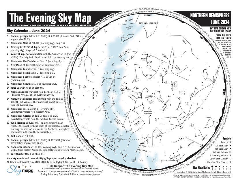 Reminder -- The Evening Sky Map (PDF) for June 2024 is now available to download at skymaps.com/tesm/ Please share & enjoy the stars in June and beyond! #stargazing #astronomy #space #stars
