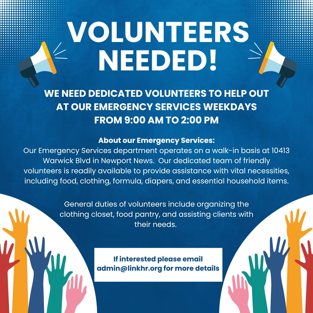 LINKofHR's tweet photo. We’re looking for volunteers to join our Emergency Services team weekdays from 9am to 2pm ⭐️ Please email admin@linkhr.org for more information. #linkofhamptonroads #hamptonroads #hamptonroadsrocks #volunteer #communitysupport #newportnews #hamptonva #norfolk #williamsburg https://t.co/a5IqUvLxoD