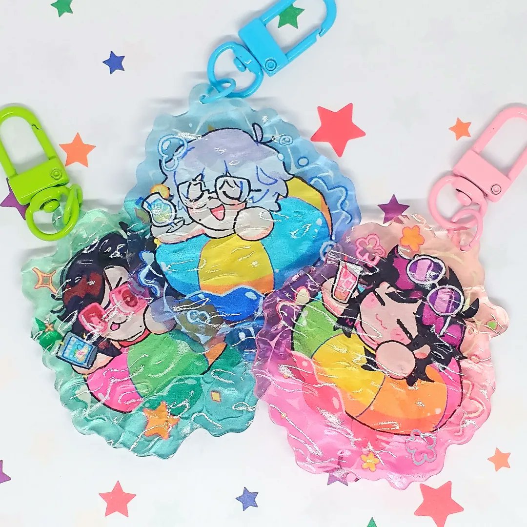 wraetherr's tweet photo. realized I havent posted this here even though theres a couple ppl who follow me on twt but not anywhere else 🫣 but im opening some slots on #VGen for YCH summer themed acrylic charms, they're 2.5" and can be customized for vtubers, ocs, etc #VGenOpen https://t.co/UhYbqE6AAO