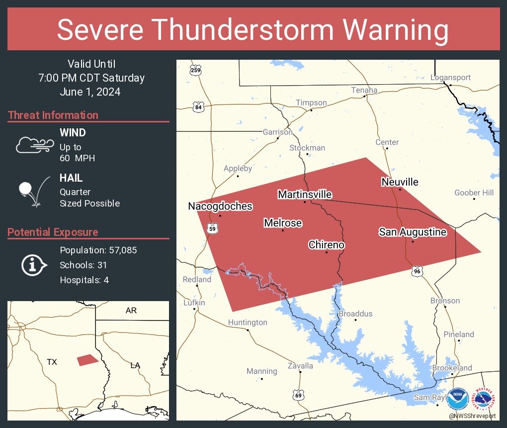 NWSShreveport's tweet photo. Severe Thunderstorm Warning including Nacogdoches TX, San Augustine TX and  Chireno TX until 7:00 PM CDT https://t.co/z5n1PlWOLY