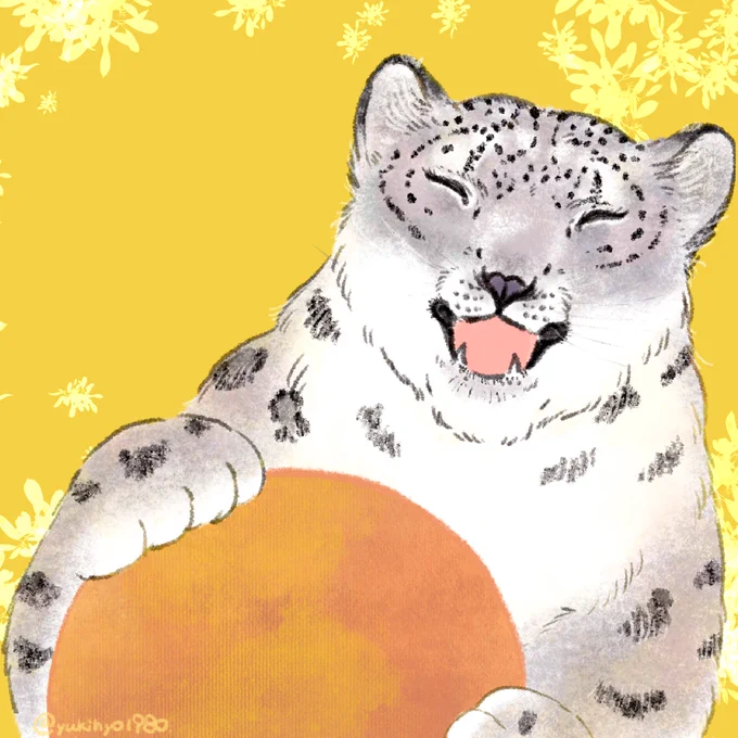 フクさんお誕生日 おめでとうございます! みんなが祝福〜 #ユキヒョウ #イラスト