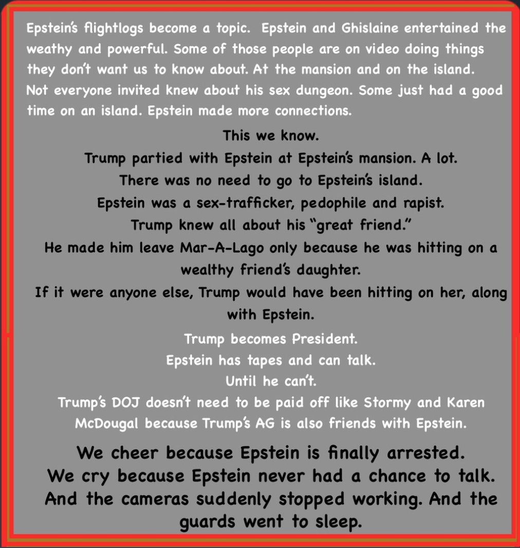 AngelGoulet's tweet image. Epstein

Who had the most to lose?    DJT

Who was in charge of protecting Epstein so he could testify?    Bill Barr

Who hired Bill Barr?  DJT
Who told the guards to "fall asleep?"
Who made sure the security cameras were off?

#EpsteinBarrTrump 
#TrumpRegime #PutinsApprentice