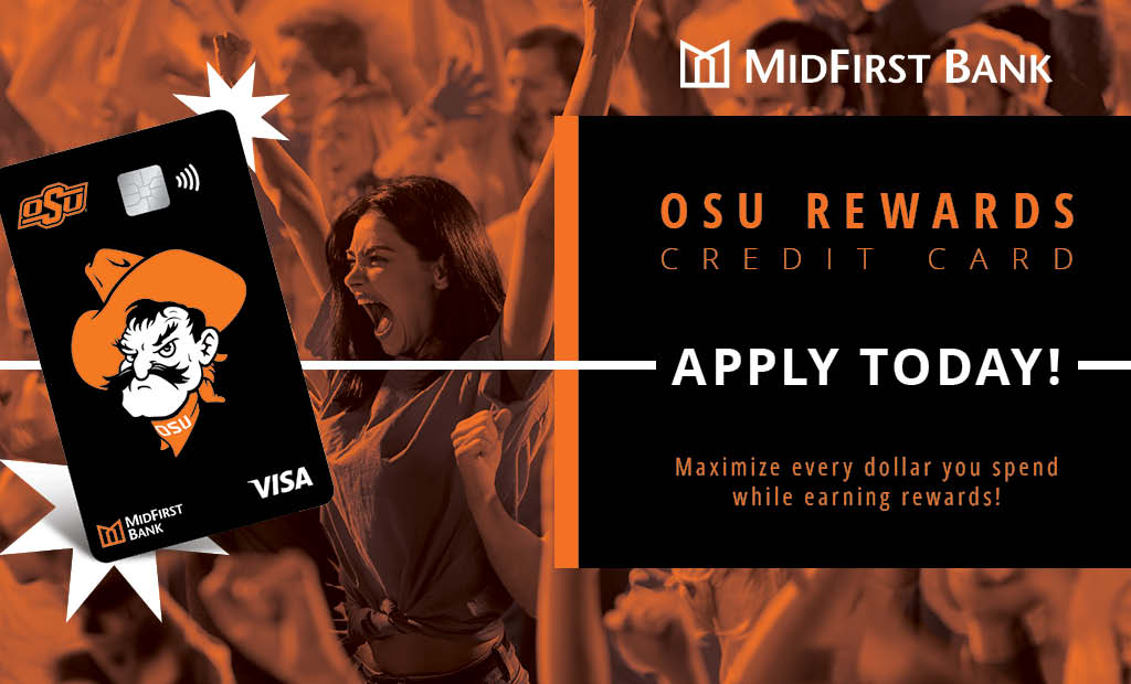 OKStateAlumni's tweet photo. Show your Cowboy pride with the OSU Rewards Credit Card! With no annual fee and 0% APR,* you can maximize every dollar spent while earning rewards. 

Apply today at https://t.co/q6znSDf6gy.

#GoPokes #MidFirst #OrangePower https://t.co/NuAblqf6pZ