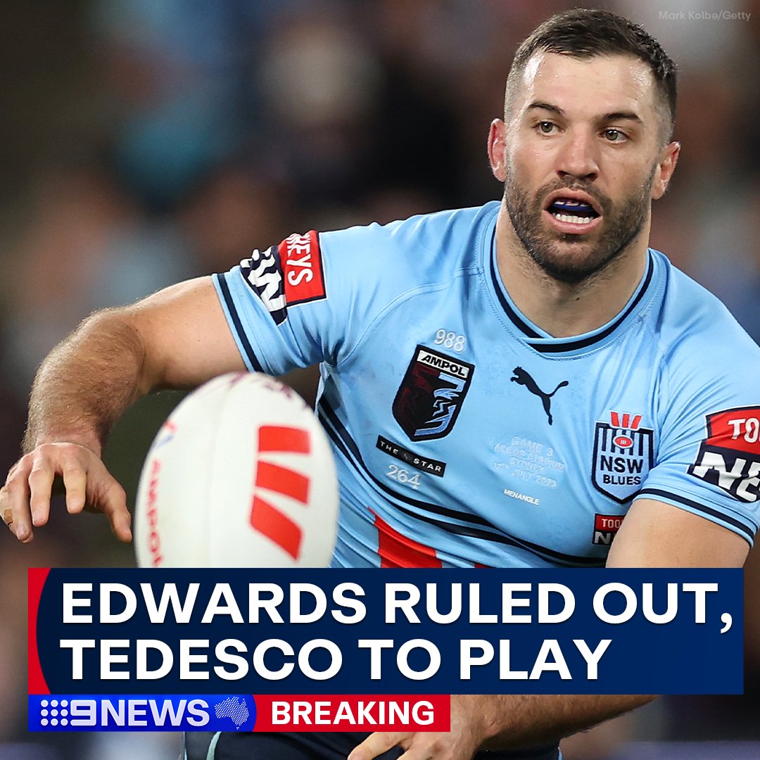 #BREAKING: Blues fullback Dylan Edwards will not make his State of Origin debut on Wednesday after succumbing to a quad injury.

Former NSW captain James Tedesco will wear the number one jersey, meaning he will not play the Roosters' clash against the Cowboys this afternoon.