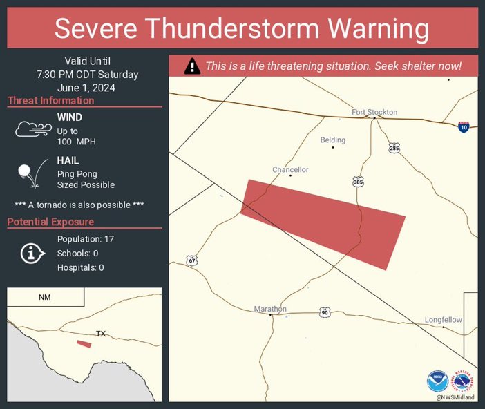 Severe Thunderstorm Warning including Brewster County, TX, Pecos County, TX until 7:30 PM CDT. This destructive storm will contain wind gusts to 100 MPH!