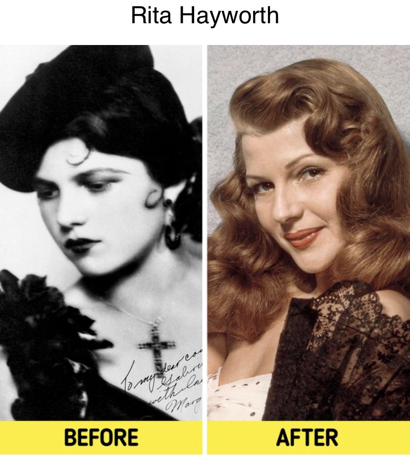 A racist and sexist moment in Hollywood.

Rita Hayworth had Spanish roots, and that’s why she was originally a brunette. In order to meet the Hollywood’s beauty standards and get more significant roles in movies, she had to dye her hair red and undergo painful electrolysis.