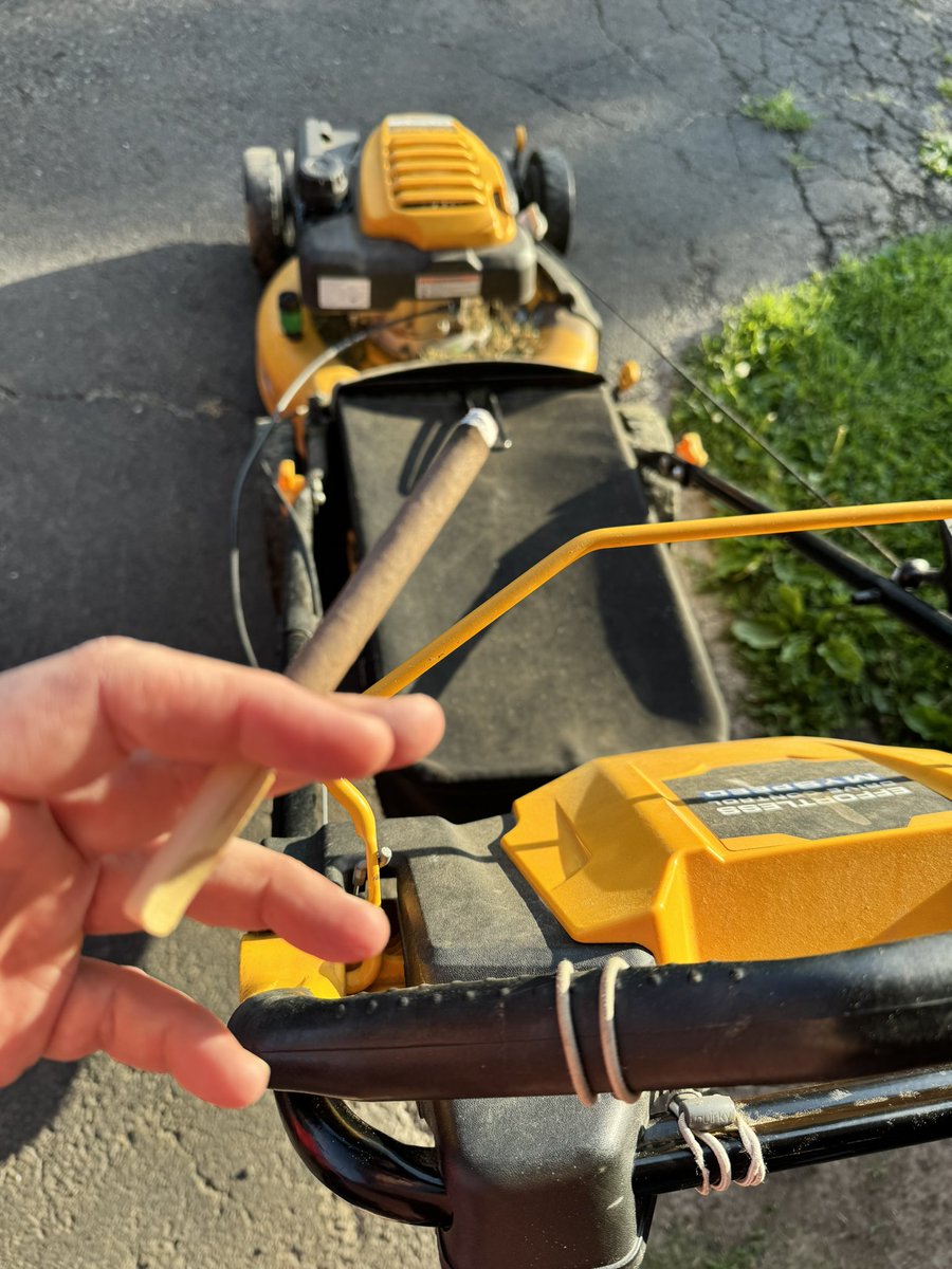 Mondochuk's tweet photo. Taking a page from pops book to help with mowing. 
Bonus - keeps the bugs outta my face. 
Used to despise it, but I’ve come to enjoy the quiet time walking the yard. https://t.co/rF7CBUzhJ6