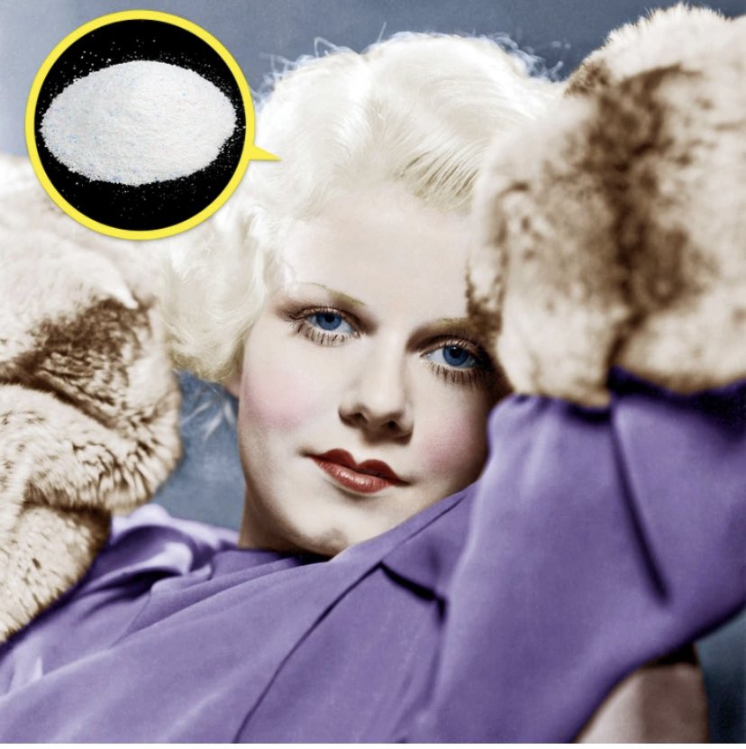 It is believed that Harlow got this shade of hair thanks to a toxic mixture which included bleach, peroxide, ammonia, and Lux laundry detergent. This mix is actually very dangerous and could even be fatal; the process was infamous for having damaged her natural ash-blonde hair.