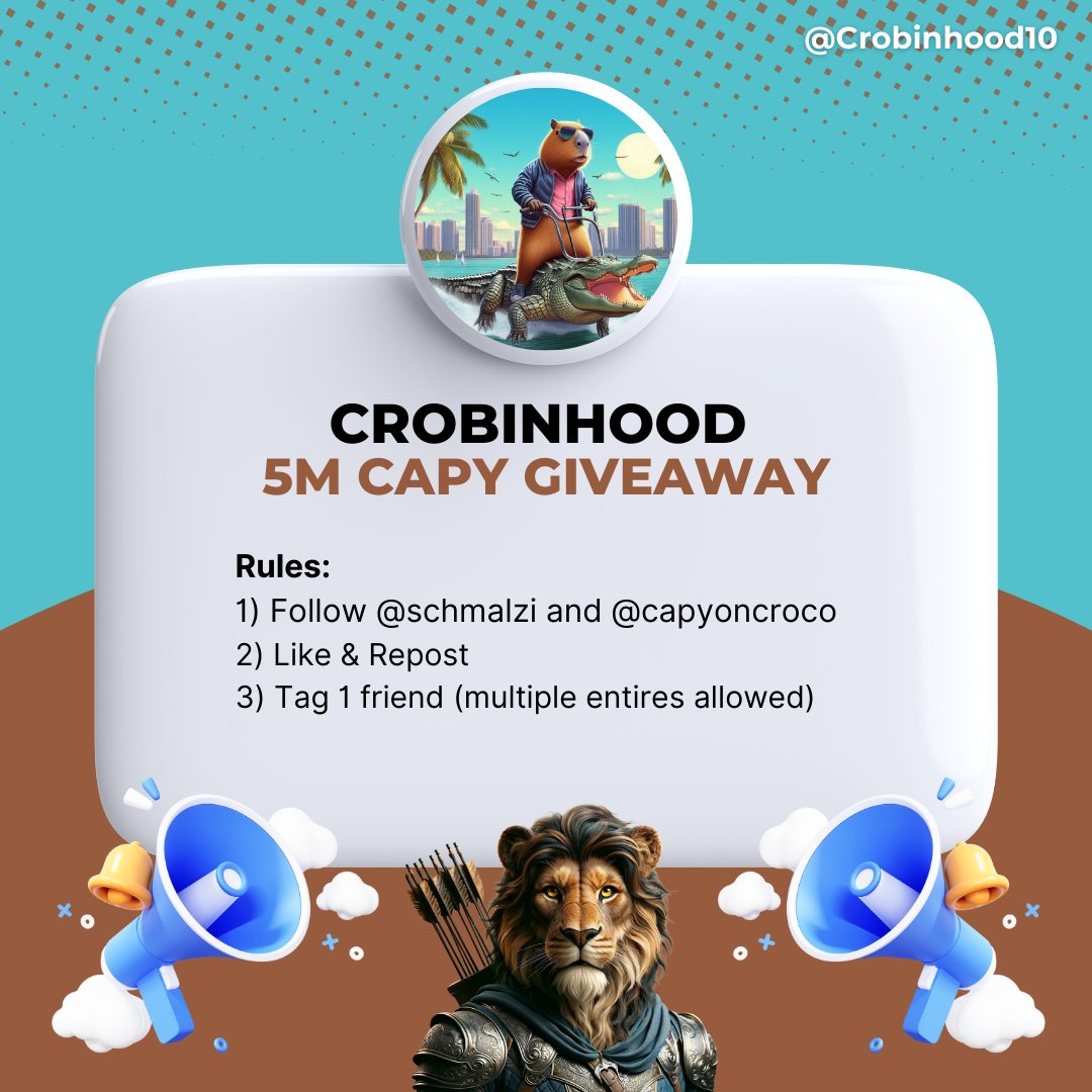 crobinhood10's tweet photo. #AD 1M @CapyOnCroco to 5 winners! 

Follow: @CapyOnCroco @Schmalzi https://t.co/QYLjuMPR3F