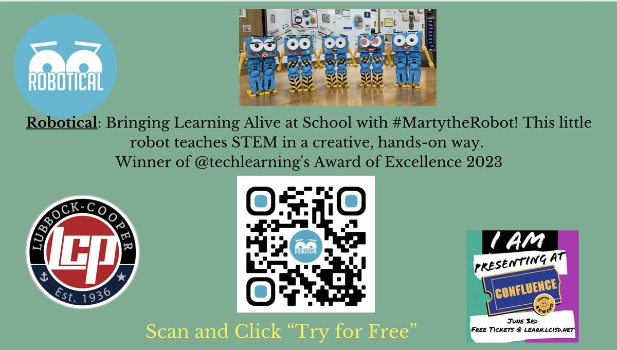 Join me June 3rd at #lcpcon Discovering #EdTech Apps/Tools to enhance learning. One I will share is @RoboticalLtd - Bringing Learning Alive at School with #MartytheRobot! Teaching #STEM in a creative, hands-on way. Winner of @techlearning 's Award of Excellence 2023 You can