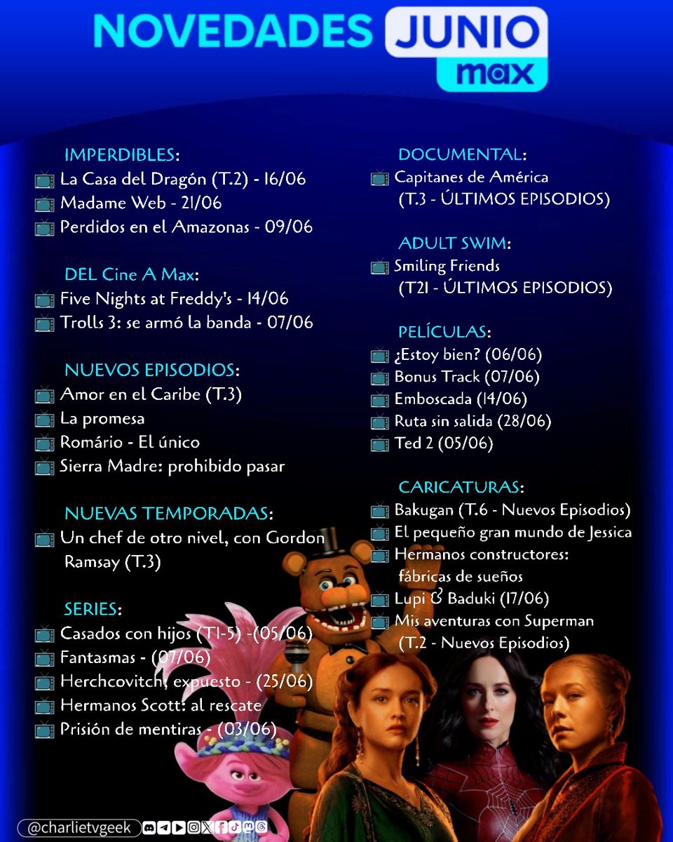charlietvgeek's tweet photo. #ESTRENOS
Todo lo nuevo que te trae #MaxLA para el mes de junio!
#StreamMaxLA #HouseOfTheDragon
#MadameWeb #FiveNightsAtFreddys https://t.co/YuISAZEHLa