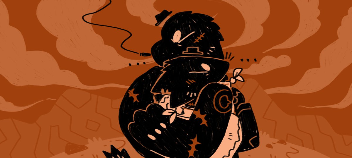 Art of a bird and coyote cowboy in a tight hug