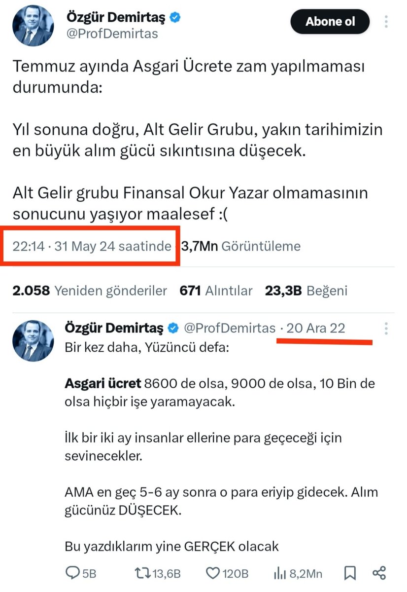 Aralık 22'de TÜİK enflasyonu %64.3, şu an %69.8. Aralık 22'de asgari ücret düzeltmesi enflasyon kontrol edilmeden hiçbir işe yaramaz diyordu, şimdi ise zorunlu diyor. Benzer bir aydınlanmayı kredi/mevduat ilişkisinde de yaşamıştı. Yine de aferin, çabuk kapıyor. Abone olalım🤥😂