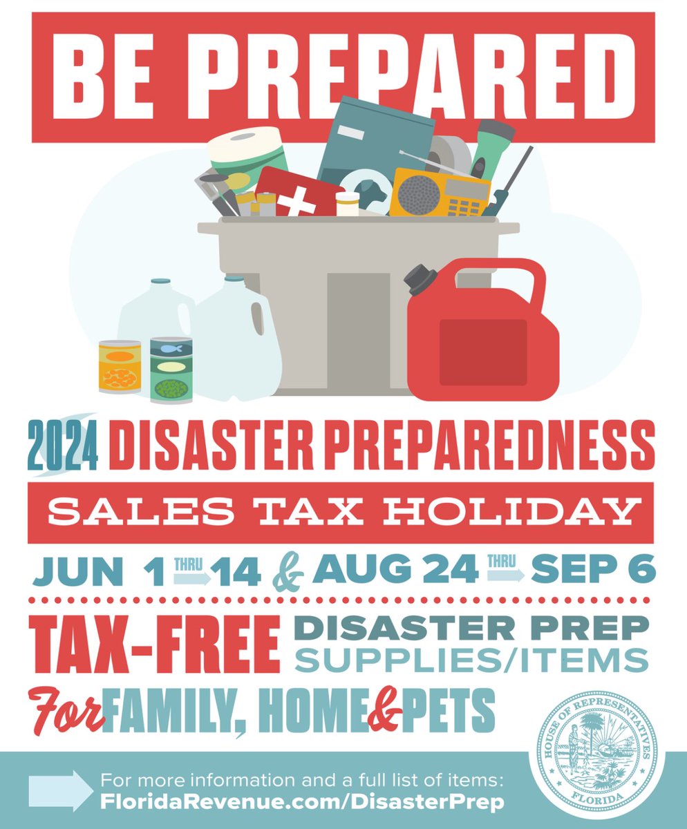 The 2024 Disaster Preparedness Sales Tax Holiday began today! Go get prepared for hurricane season and save some money in the process!

June 1 - 14 and again on Aug. 24 - Sept. 6